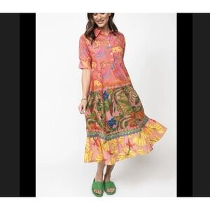 Uncle Frank Pink Tropical Tiered Shirt Dress Abstract Swirl Banana Print Boho M